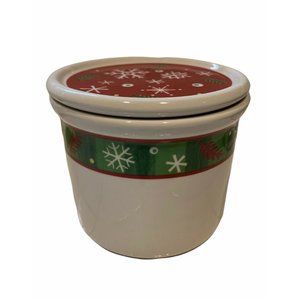 Longaberger Pottery Crock 1 Pint w Lid Coaster Snowflake Christmas Candle Holder